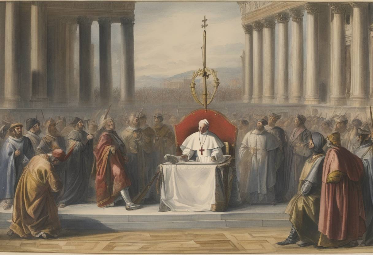 Watercolor painting based depiction of Pope Alexander VII issued the papal bull 'Sollicitudo omnium ecclesiarum', condemning the teachings of the sectarian group, Jansenists. (1658)
