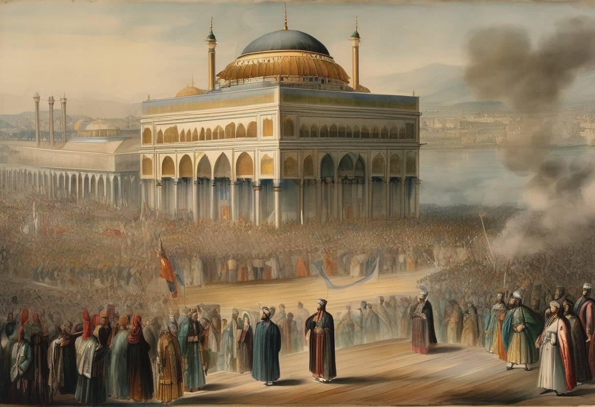 Watercolor painting based depiction of Mustafa II becomes Ottoman Sultan following the deposition of Ahmed II. (1695)