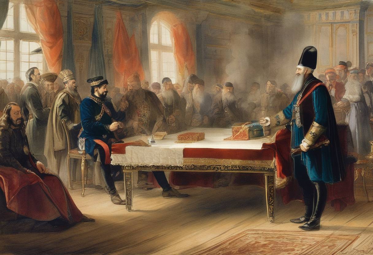 Watercolor painting based depiction of The Treaty of Karlowitz was signed, ending hostilities between the Ottoman Empire and the Holy League. It marked the end of Ottoman control in much of Central Europe and contributed to the rise of the Habsburg Empire. (1699)