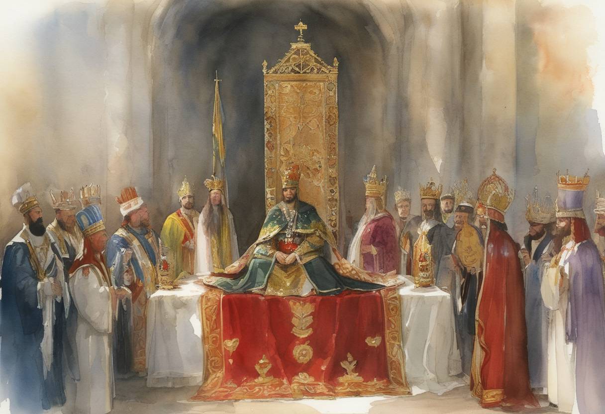 Watercolor painting based depiction of Stephen Uroš III of Serbia is crowned King of Serbia and begins his reign. (1322)