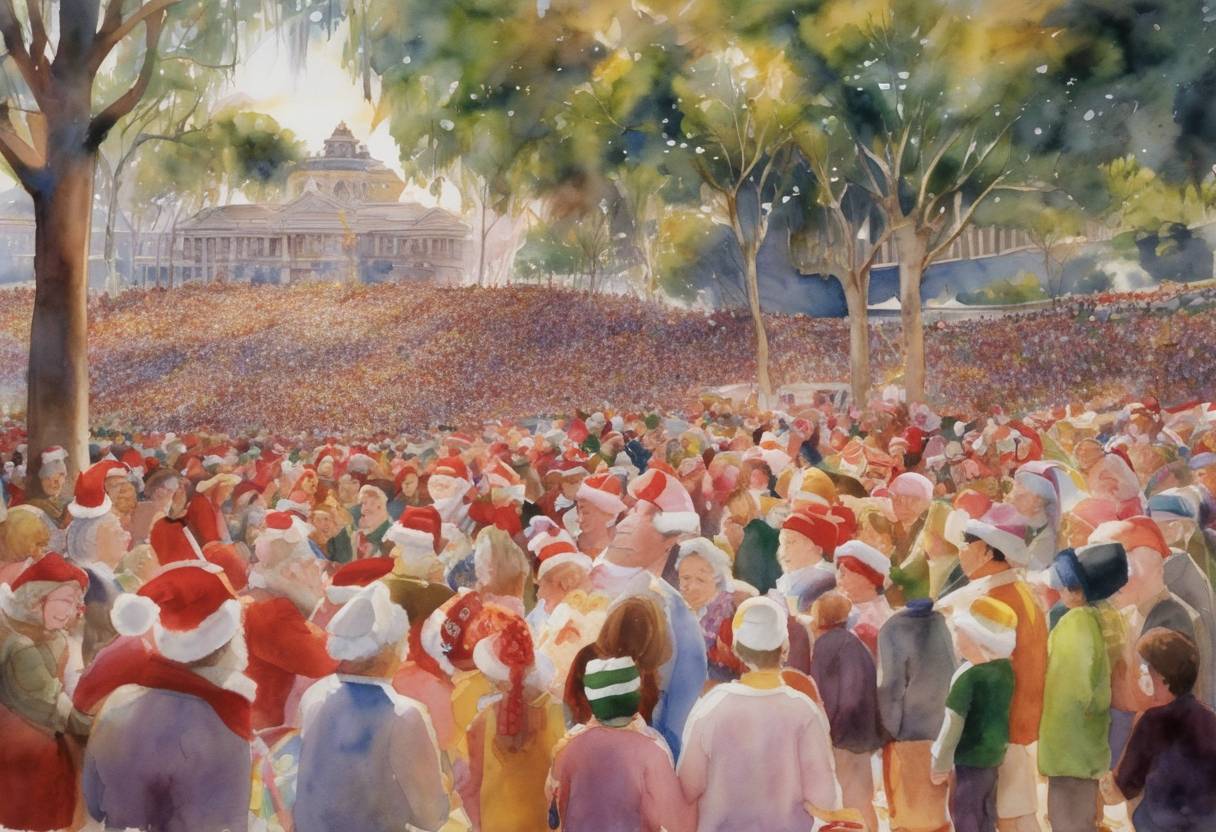 Watercolor painting based depiction of The Christmas treat Hearts game breaks the world record with 64,226 participants. (2003)