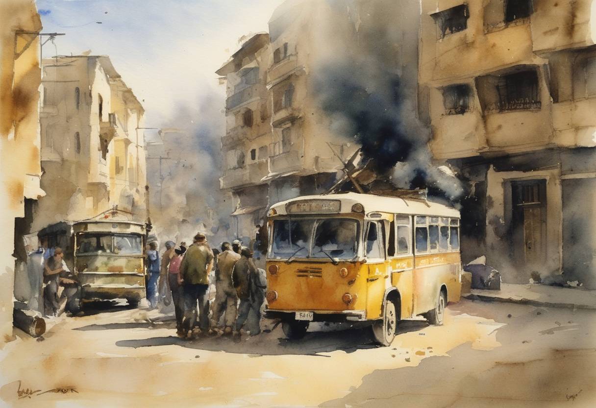 Watercolor painting based depiction of A civil war broke out in Lebanon when a Christian militia called the Phalangists attacked a bus in the Ain el-Rammaneh district of Beirut, escalating sectarian tensions. (1975)