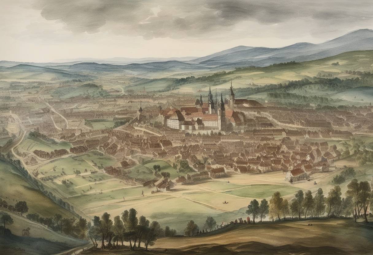 Watercolor painting based depiction of The French forces capture Freiburg im Breisgau during the War of the Spanish Succession. This battle was part of a larger series of conflicts over the succession to the Spanish throne, involving most of the great powers of Europe at the time. (1716)