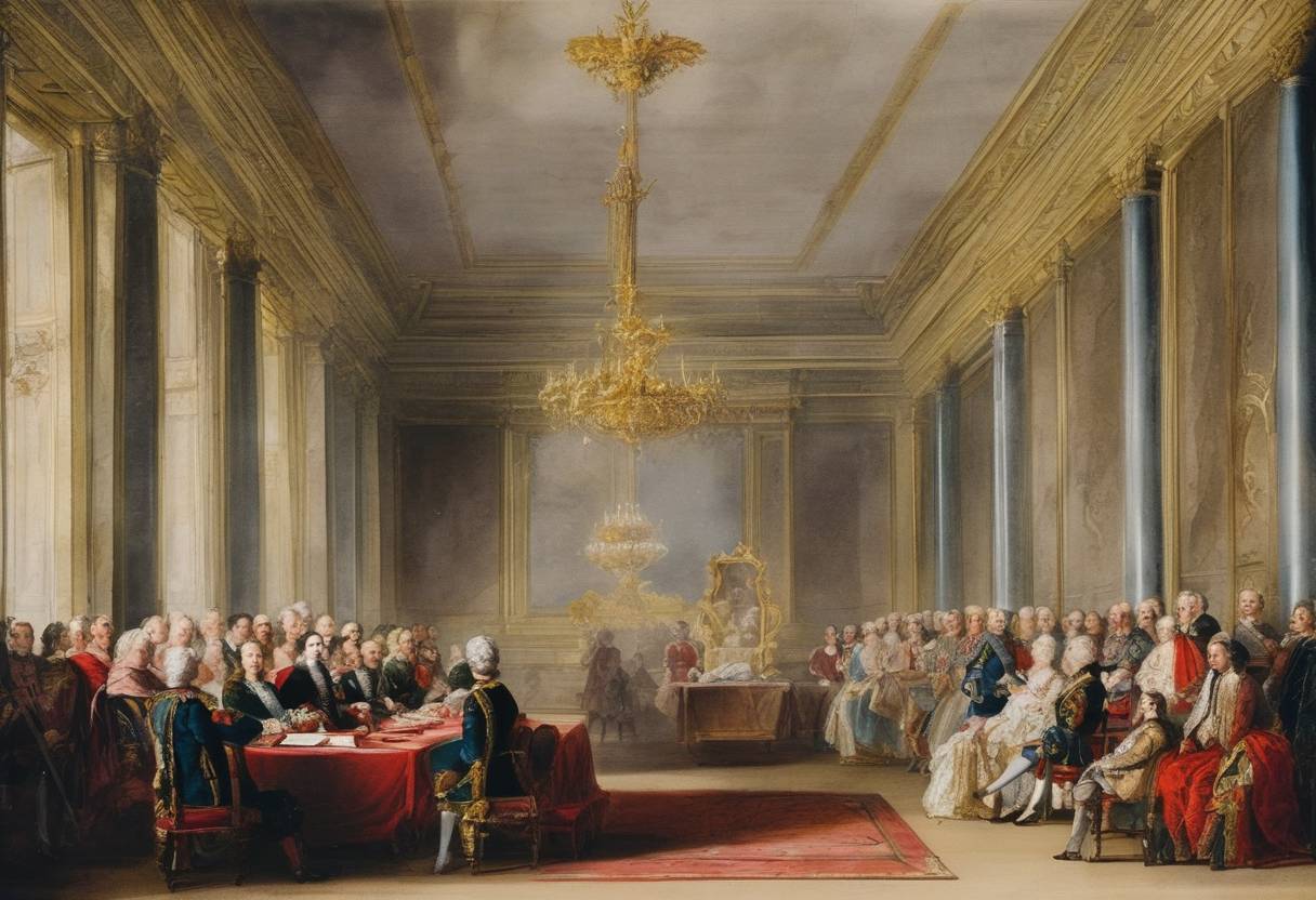Watercolor painting based depiction of The Treaty of Vienna was signed, concluding the War of the Polish Succession, which recognized Augustus III as King of Poland and returned Naples and Sicily to the Spanish. (1738)