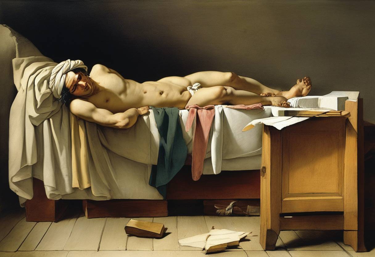 Watercolor painting based depiction of In France, during the Reign of Terror, artist Jacques-Louis David publicly unveiled his famous painting 'The Death of Marat'. The masterpiece depicted the assassination of Jean-Paul Marat, a radical journalist and politician, who was murdered by Charlotte Corday in 1793. (1794)