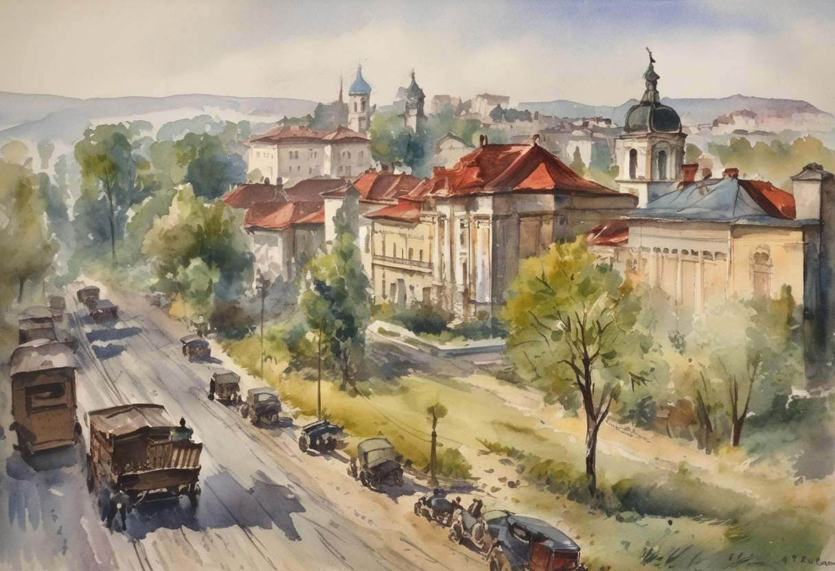 Watercolor painting based depiction of Romania ceded Bessarabia and northern Bukovina to the Soviet Union following an ultimatum, impacting the territorial configuration of Eastern Europe. (1940)