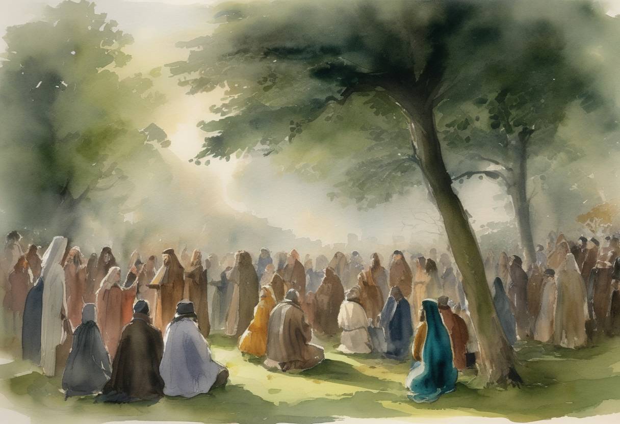 Watercolor painting based depiction of The first known Druid revival ceremony is conducted by John Toland at Primrose Hill in London, England. (1717)