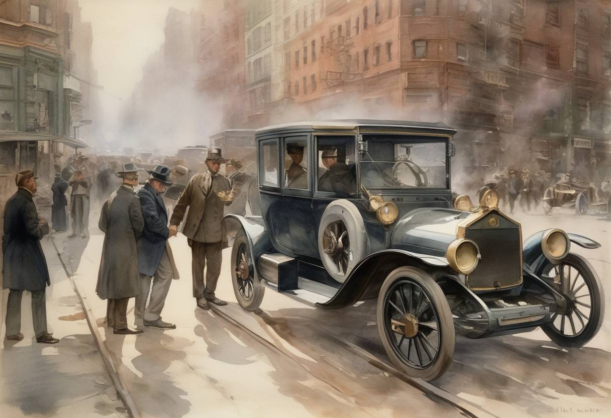 Watercolor painting based depiction of Henry Bliss became the first person in the United States to be killed in an automobile accident. (1899)