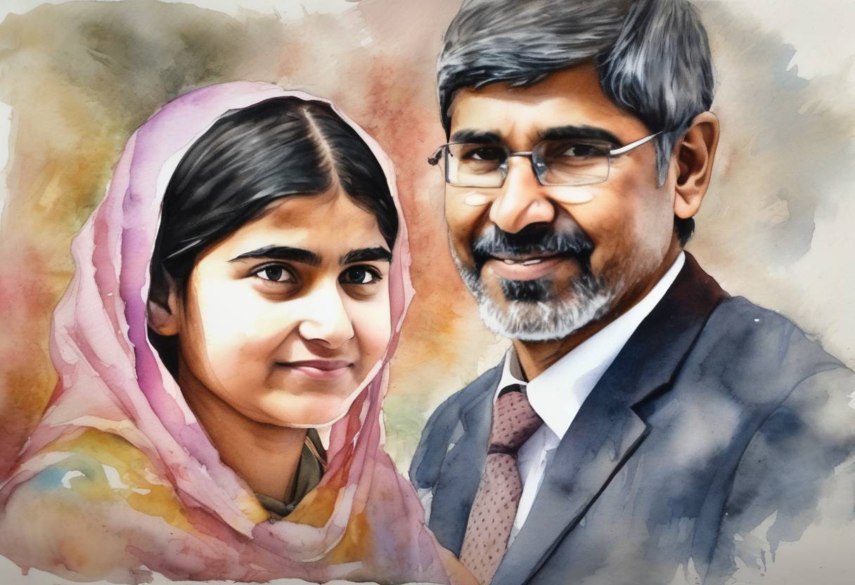 Watercolor painting based depiction of Malala Yousafzai and Kailash Satyarthi were jointly awarded the Nobel Peace Prize for their struggle against the suppression of children and young people and for the right of all children to education. (2013)
