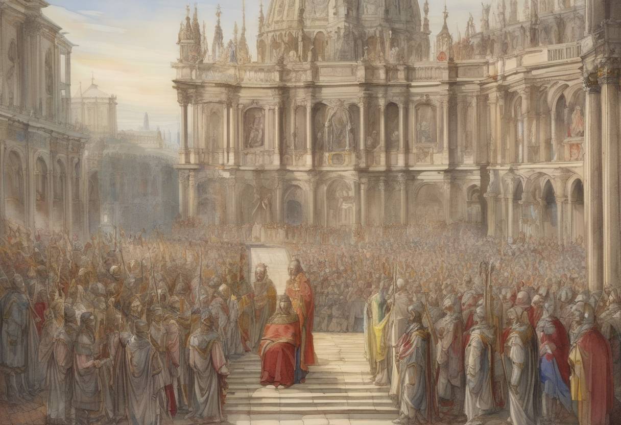 Watercolor painting based depiction of The Concordat of Worms was signed, ending the Investiture Controversy between the Papacy and the Holy Roman Empire. (1122)