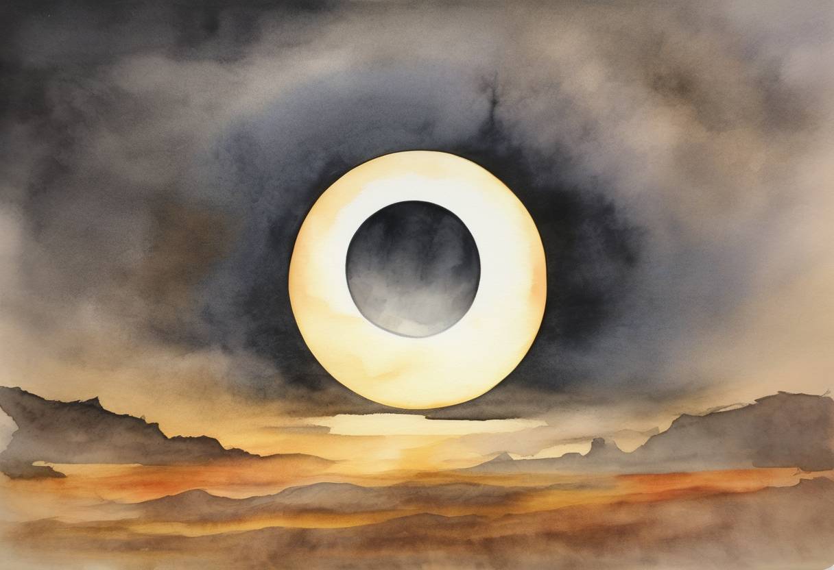 Watercolor painting based depiction of The longest solar eclipse of the 21st century occurs, lasting up to 6 minutes and 39 seconds. (2010)