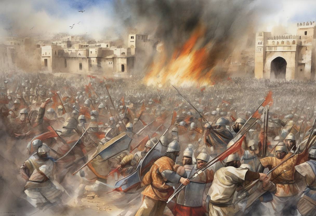 Watercolor painting based depiction of The Battle of Yarmouk began, a major battle between the Byzantine Empire and the Rashidun Caliphate. It was a decisive victory for the Rashidun forces and marked a significant turning point in the Muslim conquest of the Levant. (636)