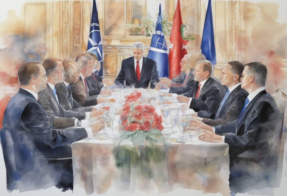 Watercolor painting based depiction of NATO leaders invited Albania and Croatia to join the alliance during the Bucharest Summit, marking a significant expansion of the organization. (2008)