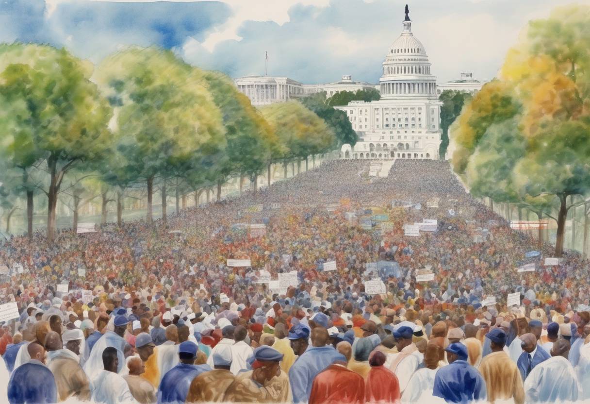 Watercolor painting based depiction of The Million Man March takes place in Washington, D.C., organized by Louis Farrakhan to promote African American unity and family values. (1995)