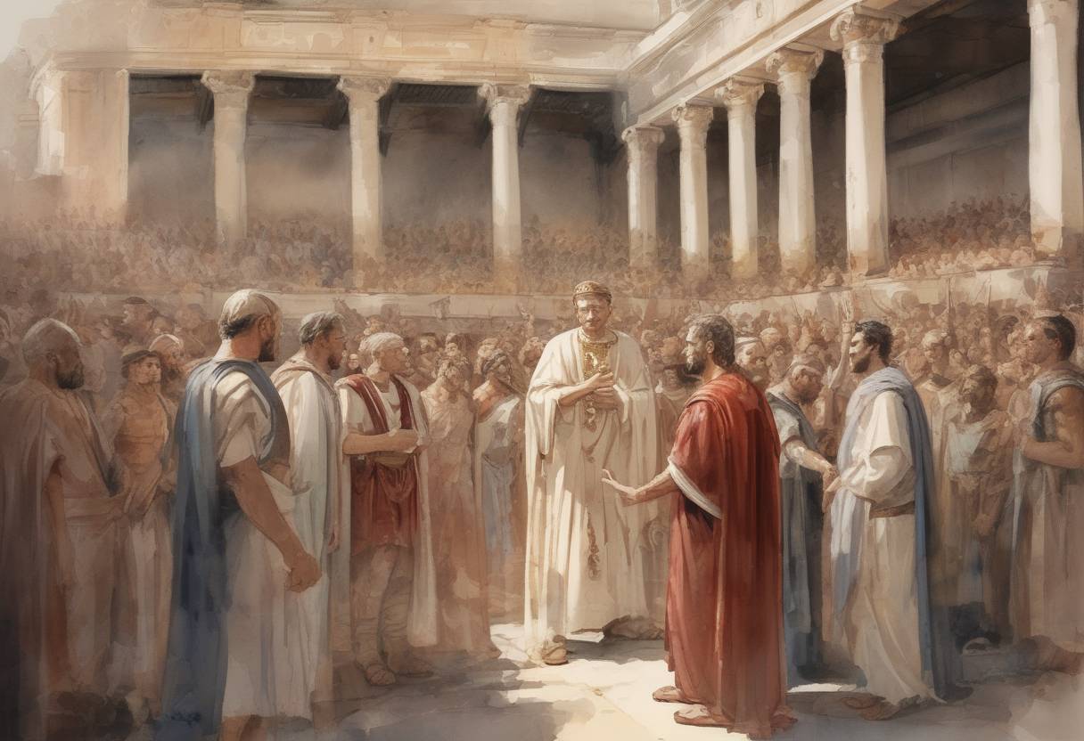 Watercolor painting based depiction of The Roman Emperor Diocletian issues a decree that begins the persecution of Christians in the Eastern Roman Empire. (303)