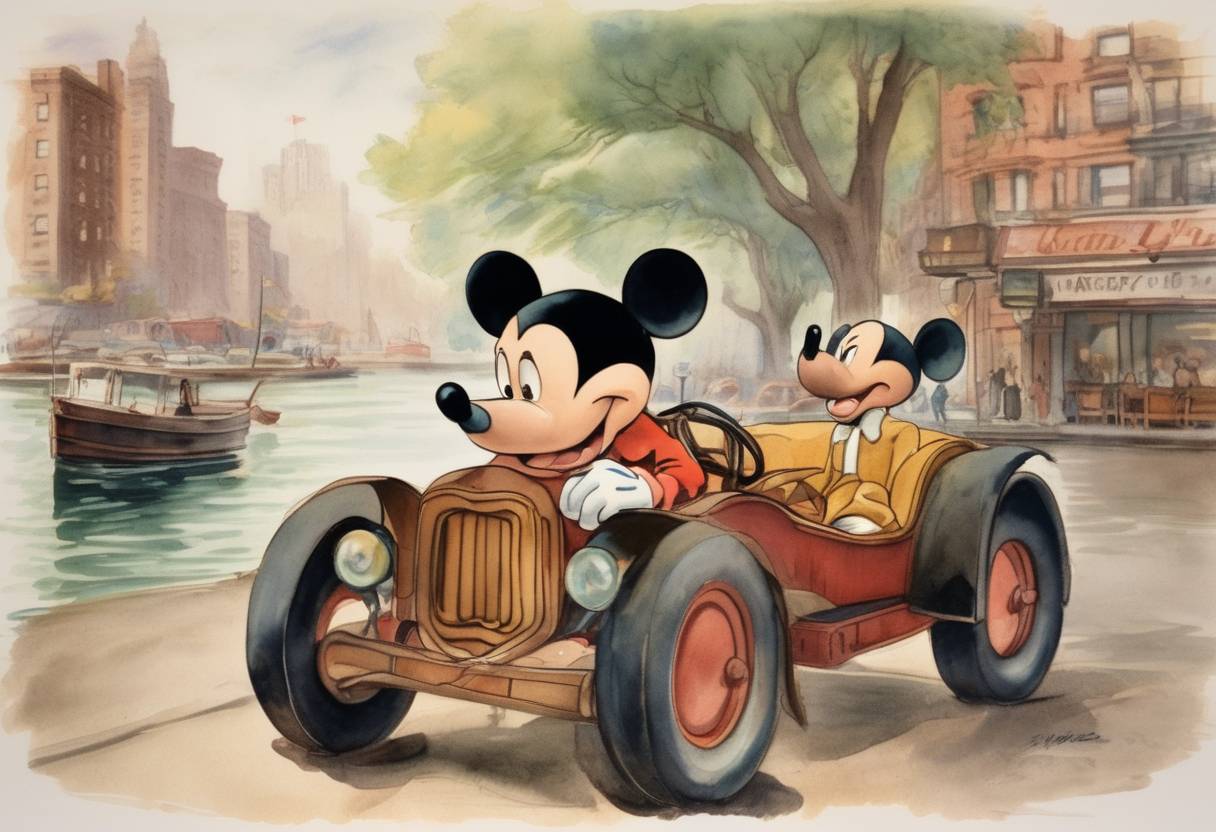 Watercolor painting based depiction of Mickey Mouse made his first appearance in the animated short film 'Steamboat Willie', marking the official debut of the character. (1928)