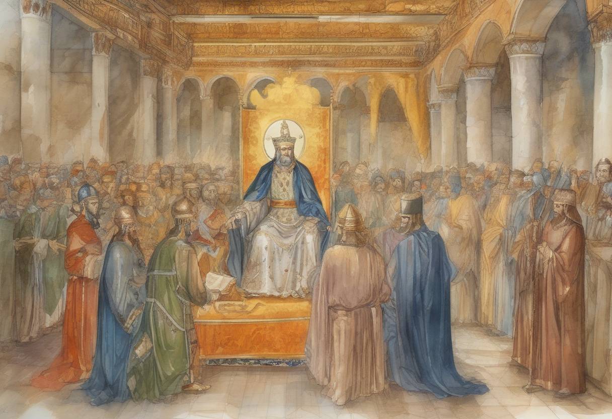 Watercolor painting based depiction of Emperor Leo III issues a decree banning the veneration of icons, marking the beginning of the Byzantine Iconoclasm. (730)
