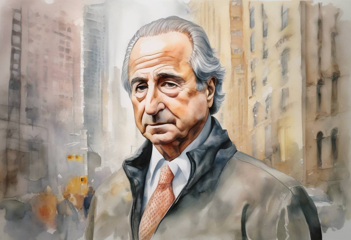 Watercolor painting based depiction of Bernard Madoff was arrested and charged with securities fraud in a Ponzi scheme that defrauded investors of billions of dollars, one of the largest financial frauds in U.S. history. (2008)