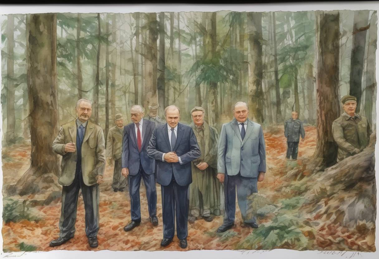 Watercolor painting based depiction of Leaders of Russia, Ukraine, and Belarus signed the Belavezha Accords, effectively dissolving the Soviet Union and establishing the Commonwealth of Independent States (CIS). (1991)