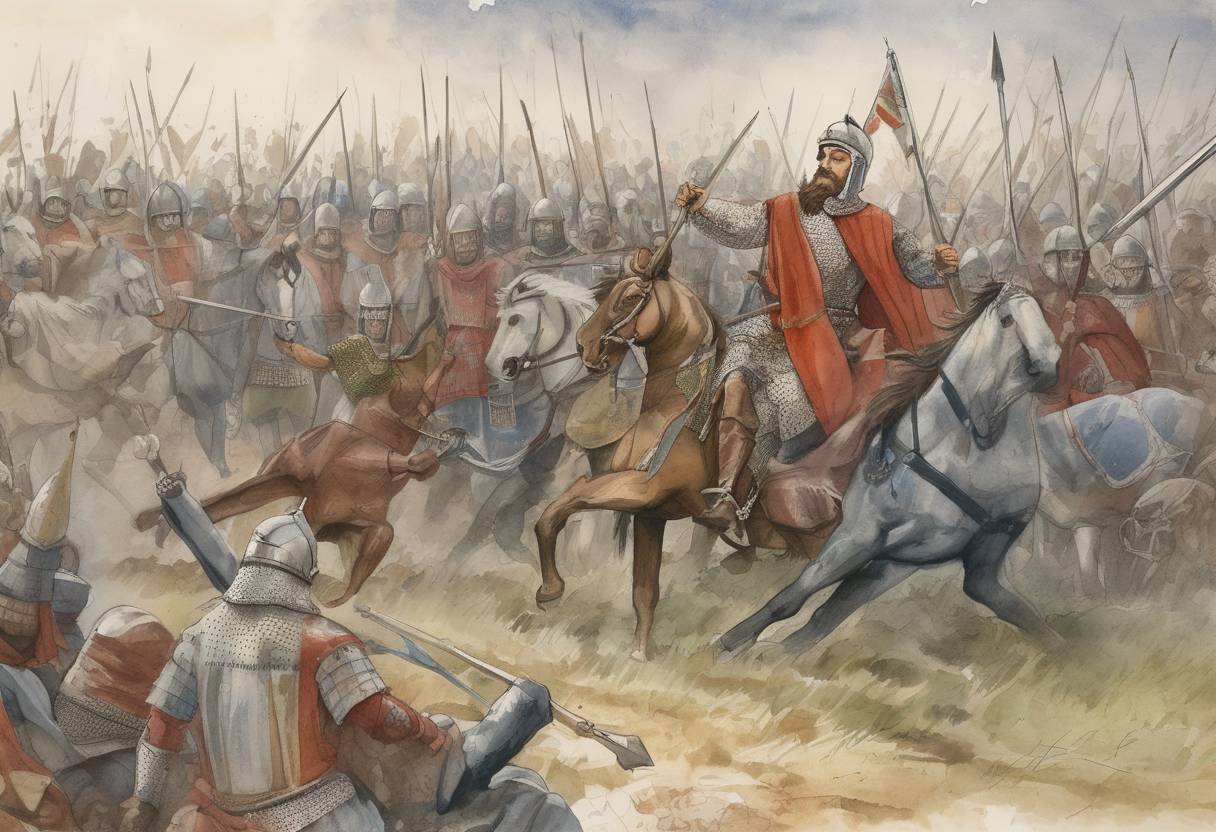 Watercolor painting based depiction of Charles Martel, the Frankish military leader and de facto ruler of Francia, died. He was known for his victory at the Battle of Tours in 732, which halted the advance of Muslim forces into Western Europe. (741)