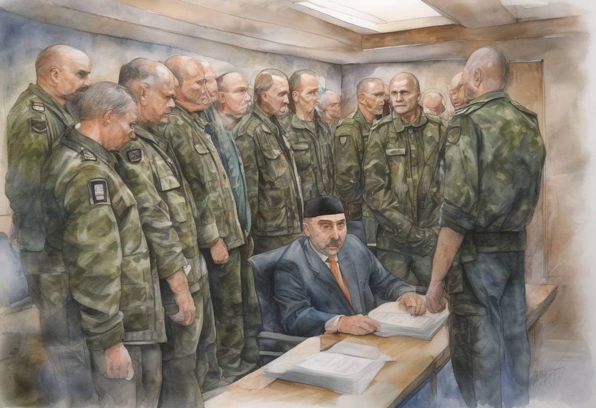 Watercolor painting based depiction of The United Nations War Crimes Tribunal in The Hague convicts Bosnian Serb General Radislav Krstić of genocide for his role in the 1995 Srebrenica massacre, marking the first time an individual is convicted of genocide by the tribunal. (2001)