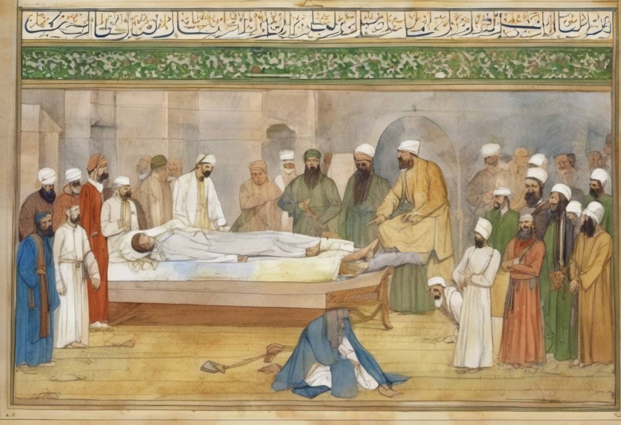 Watercolor painting based depiction of The death of Muhammad ibn Tughj al-Ikhshid, the founder of the Ikhshidid dynasty, which ruled over Egypt and parts of the Levant, marking a transition in the region's leadership. (942)