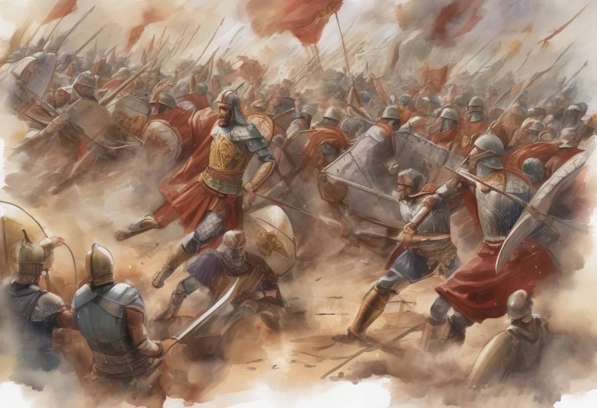Watercolor painting based depiction of The Battle of the Volturnus is fought between the Byzantine Empire and the Lombards, resulting in a Byzantine victory. (585)