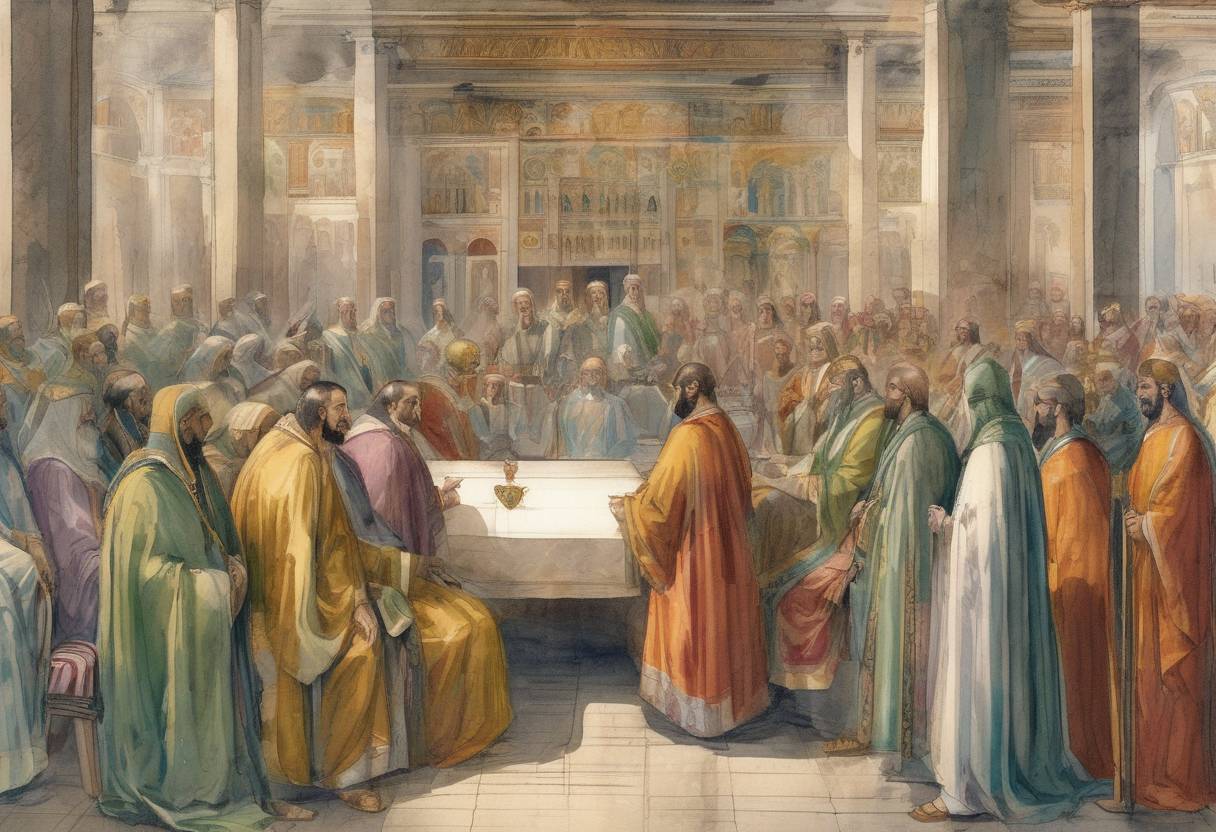 Watercolor painting based depiction of The Third Council of Constantinople, the sixth ecumenical council of the Christian Church, convened. It was called by Emperor Constantine IV and addressed the heresy of Monothelitism, which proposed that Christ had only one will. (680)