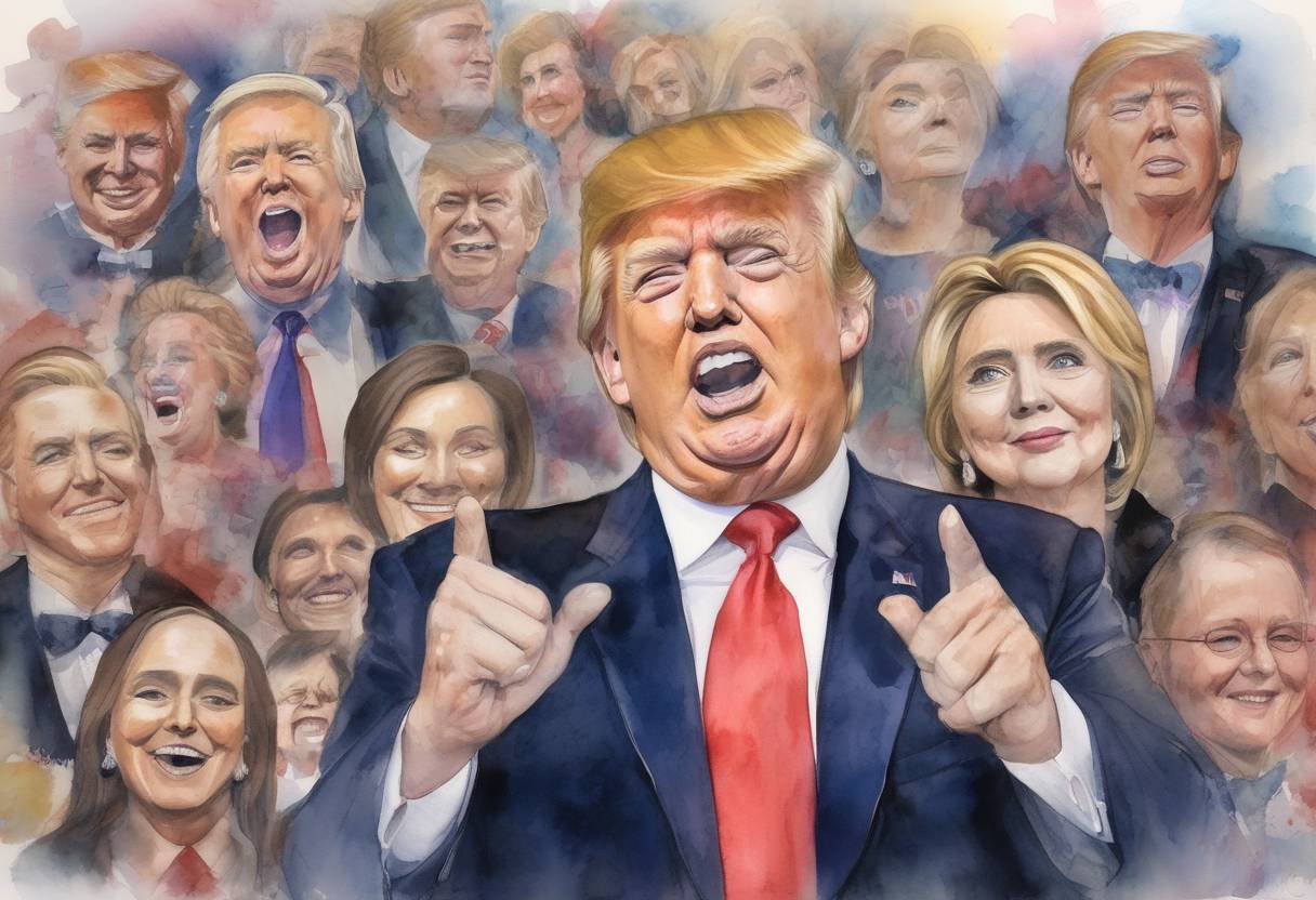 Watercolor painting based depiction of Donald Trump was elected as the 45th President of the United States, defeating Democratic candidate Hillary Clinton. (2016)