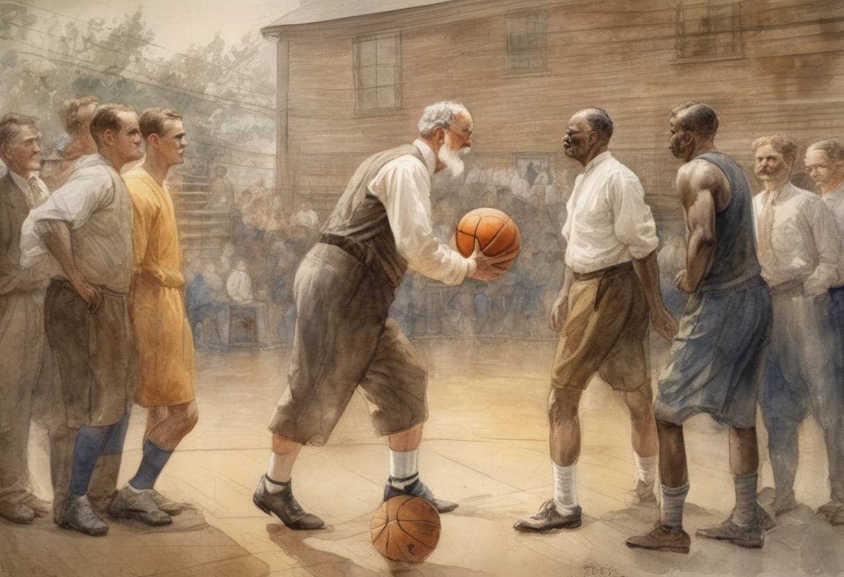 Watercolor painting based depiction of James Naismith published the rules of basketball for the first time. (1892)