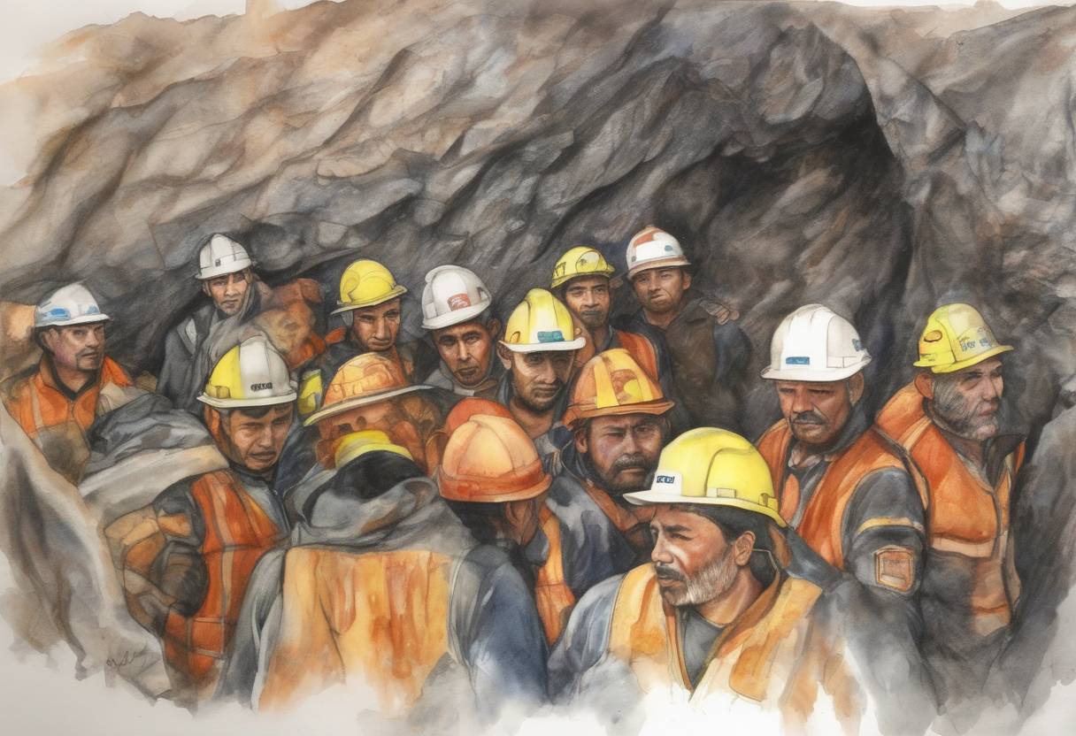 Watercolor painting based depiction of The first of the 33 trapped Chilean miners was rescued after spending 69 days underground following the collapse of the San José copper-gold mine in northern Chile. The rescue operation was a major international news event. (2010)