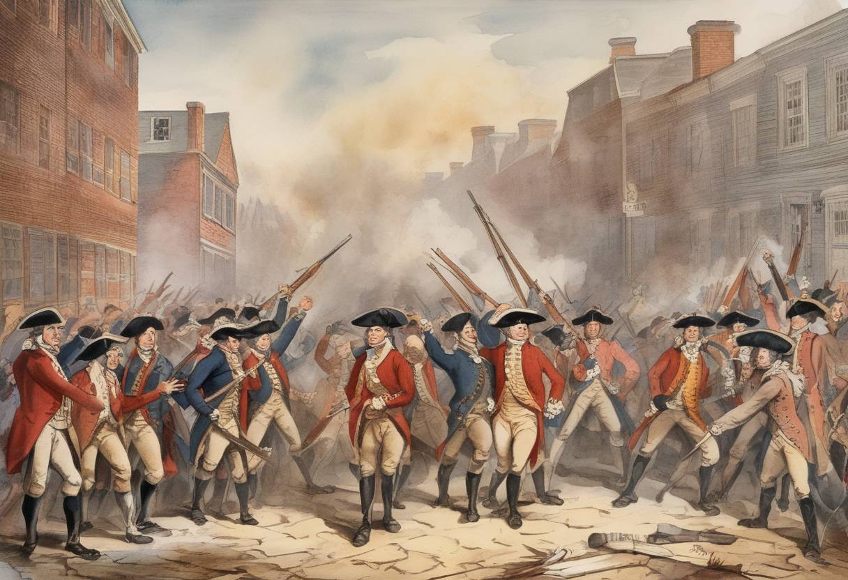 Watercolor painting based depiction of The Boston Massacre occurred when British soldiers killed five civilian men. This event escalated tensions between the American colonists and the British government, contributing to the American Revolutionary War. (1770)