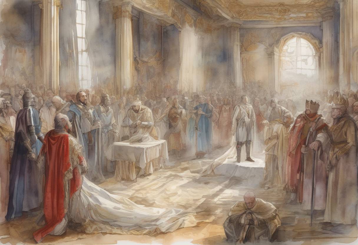 Watercolor painting based depiction of The death of Carloman, the Frankish mayor of the palace of Austrasia, occurs, leading to the consolidation of power by his brother Pepin the Short. (747)