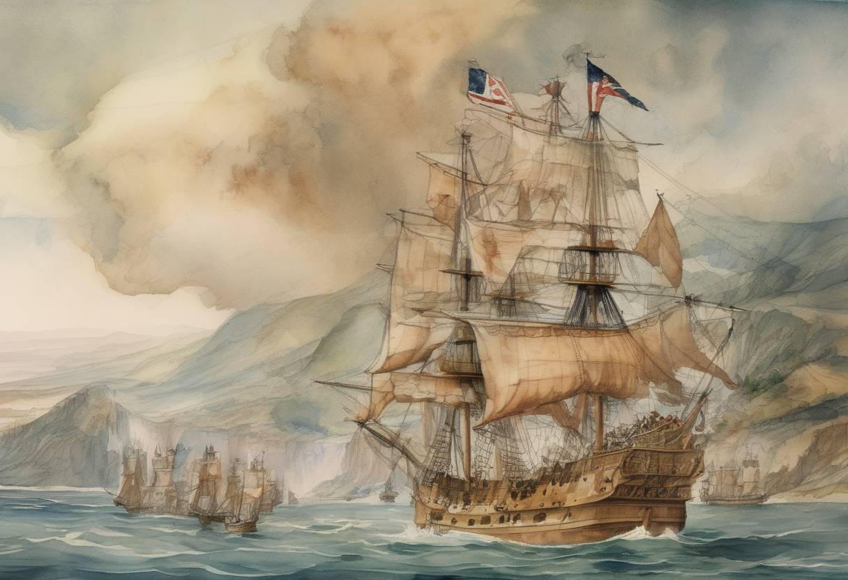 Watercolor painting based depiction of Sir Francis Drake claims a land he calls Nova Albion (modern California) for England. (1579)