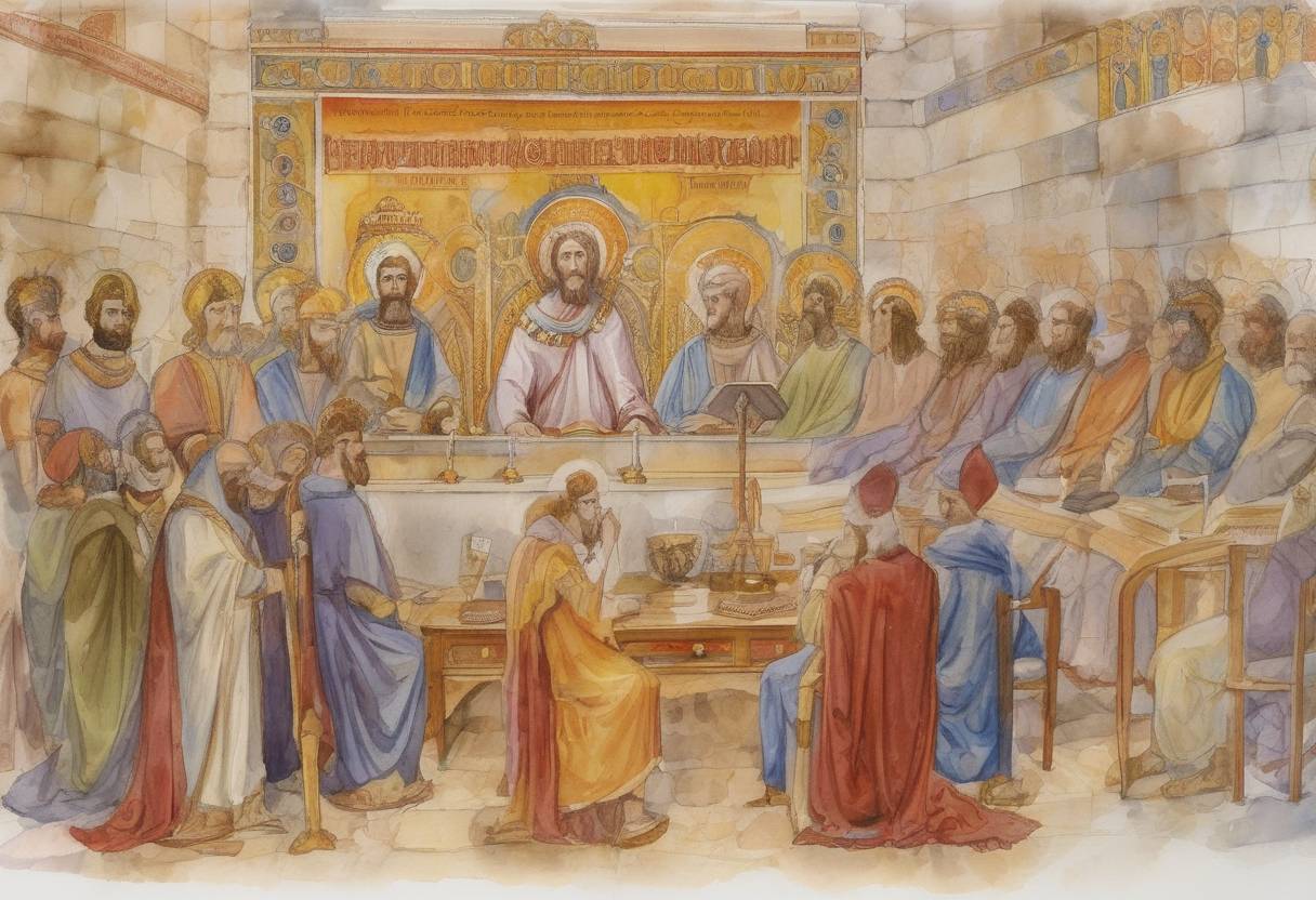 Watercolor painting based depiction of The Council of Chalcedon, a significant ecumenical council in the history of Christianity, commenced. It addressed the nature of Christ and resulted in the Chalcedonian Definition, which became a key point of doctrine for many Christian denominations. (451)
