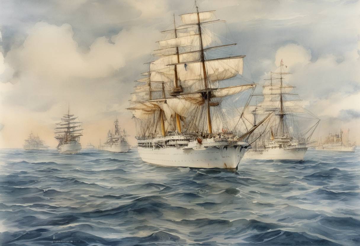 Watercolor painting based depiction of The Great White Fleet, a United States Navy battle fleet, begins its circumnavigation of the globe. (1907)