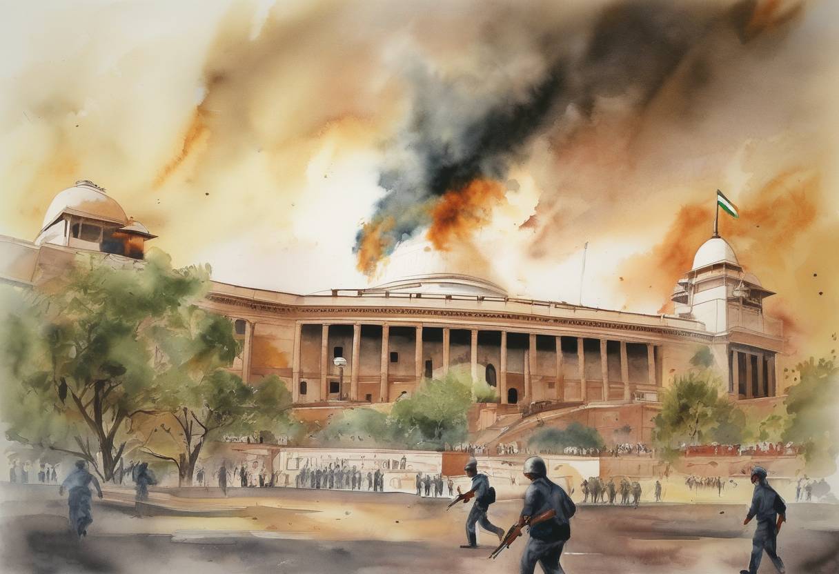 Watercolor painting based depiction of The Indian Parliament attack occurred when five armed terrorists stormed the Parliament House in New Delhi, India, leading to a gun battle that resulted in the deaths of six police officers, a civilian, and the five terrorists. (2001)