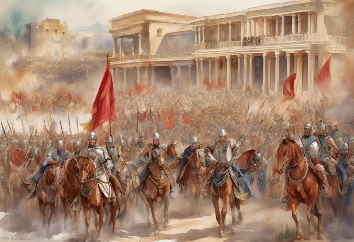 Watercolor painting based depiction of Roman Emperor Maximian concluded his campaign against the Berbers in North Africa, securing the region for the Roman Empire. (298)