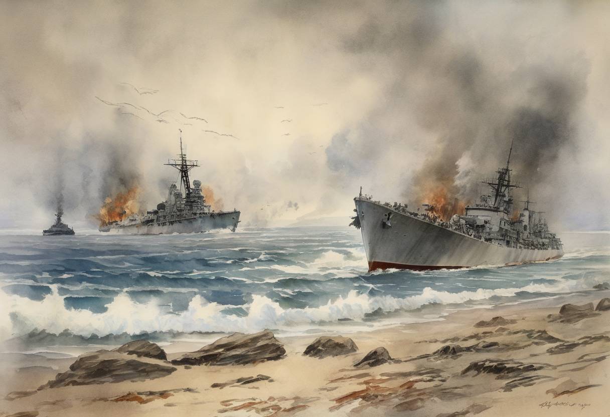 Watercolor painting based depiction of Honda Point disaster: Seven U.S. Navy destroyers run aground off the California coast. (1923)