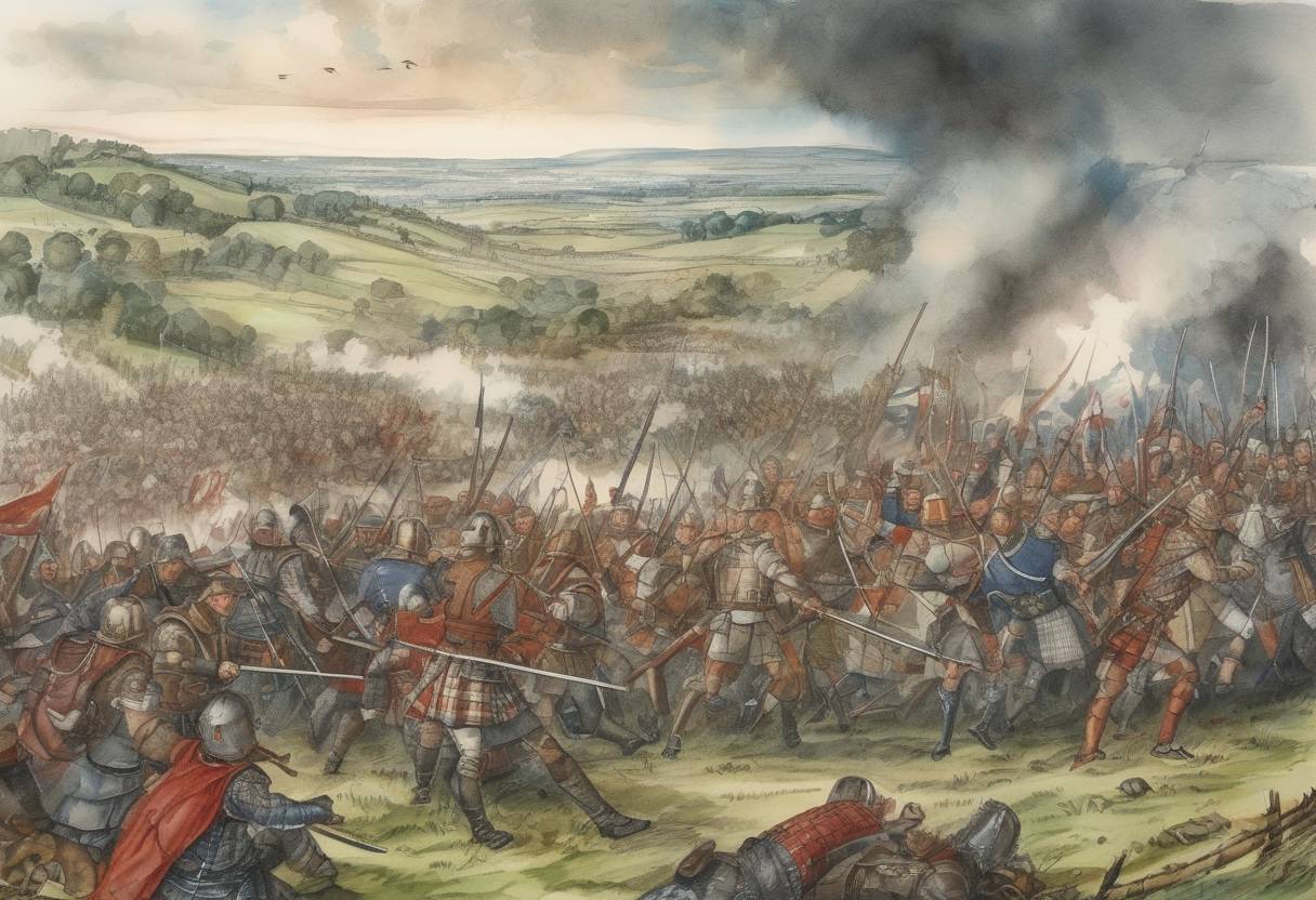 Watercolor painting based depiction of The Battle of Pinkie Cleugh took place, marking the last pitched battle between England and Scotland. It was part of the Rough Wooing, a war between England and Scotland over the marriage of Mary, Queen of Scots, to Edward VI of England. (1547)