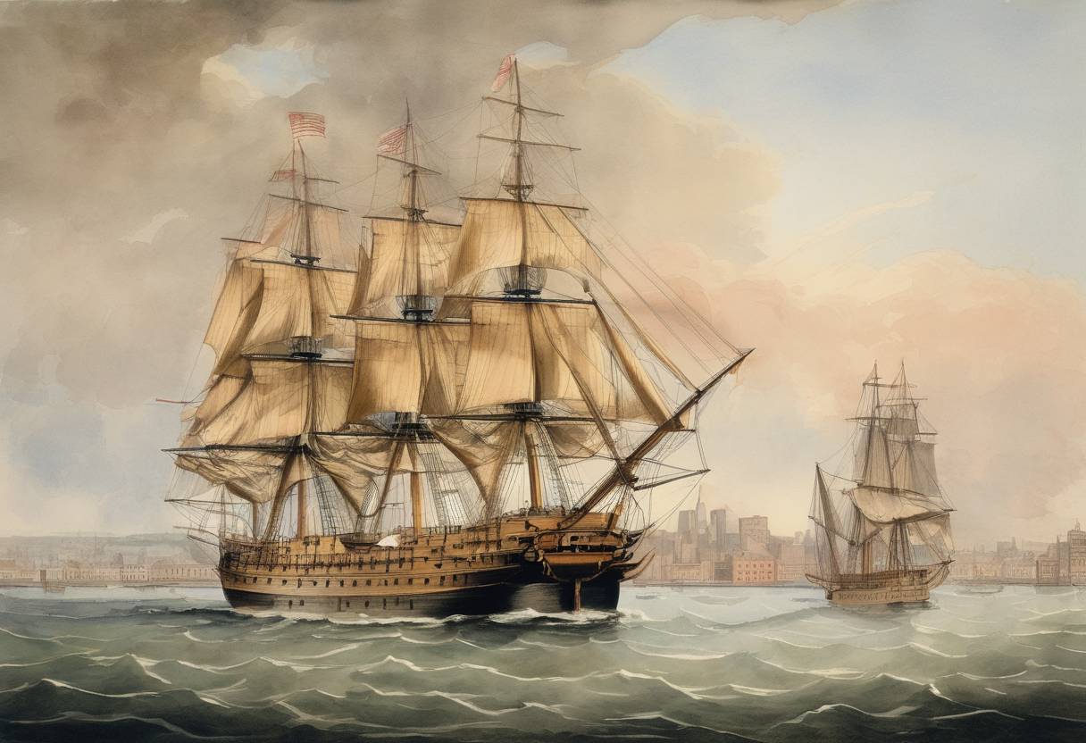 Watercolor painting based depiction of The Columbia returned to Boston Harbor after a three-year voyage, becoming the first American ship to circumnavigate the globe. (1790)