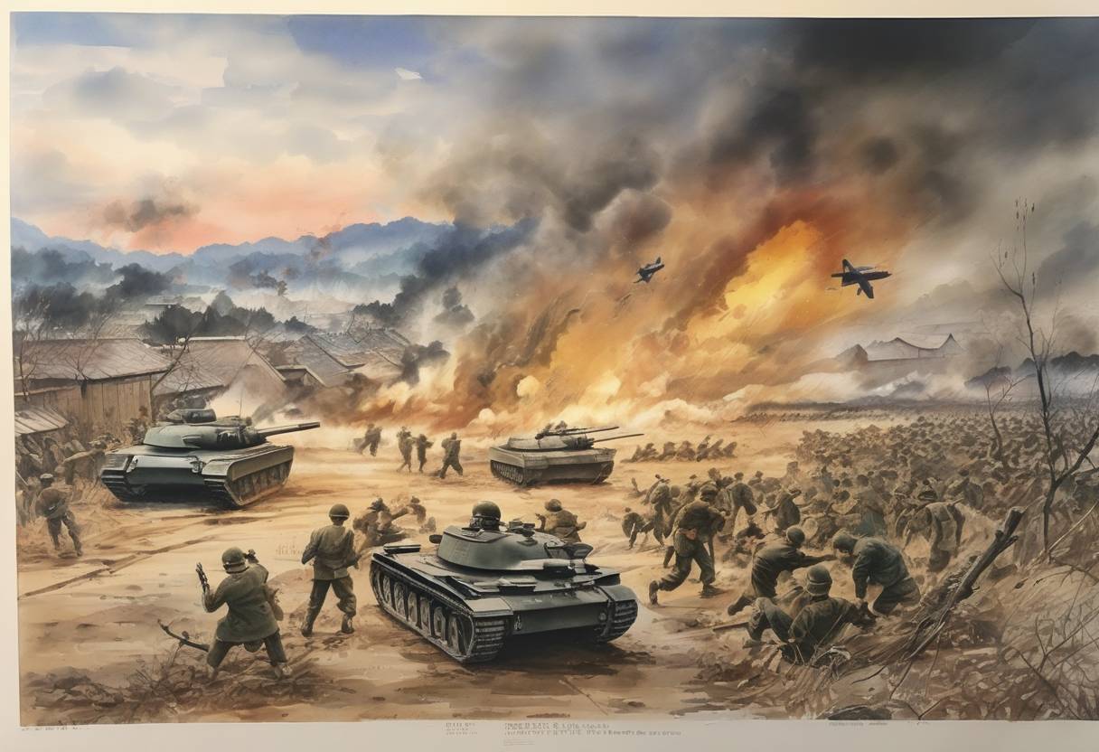 Watercolor painting based depiction of The Battle of Osan, the first engagement between American and North Korean forces during the Korean War, took place. (1950)