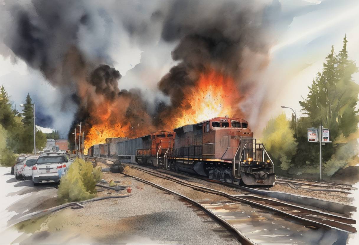 Watercolor painting based depiction of A train carrying crude oil derailed in Lac-Mégantic, Quebec, Canada, causing a massive explosion and fire that killed 47 people and destroyed much of the town's center. (2013)