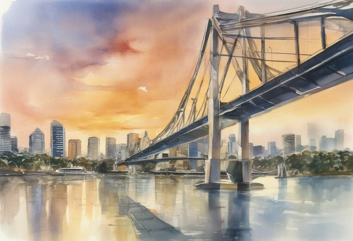 Watercolor painting based depiction of The Gateway Bridge in Brisbane, Australia, was officially opened. (1986)