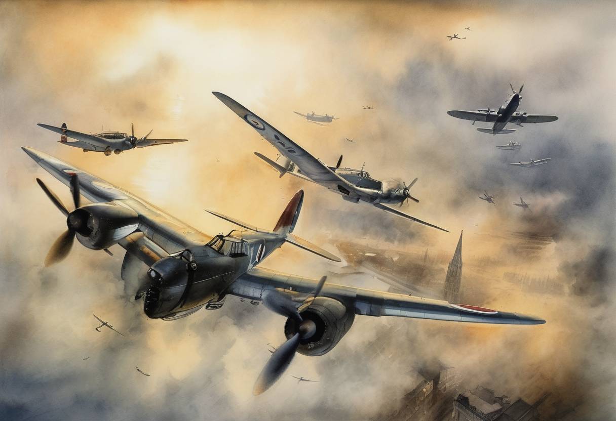 Watercolor painting based depiction of The first 1,000-bomber raid by the Royal Air Force was conducted against Cologne, Germany, during World War II. (1942)