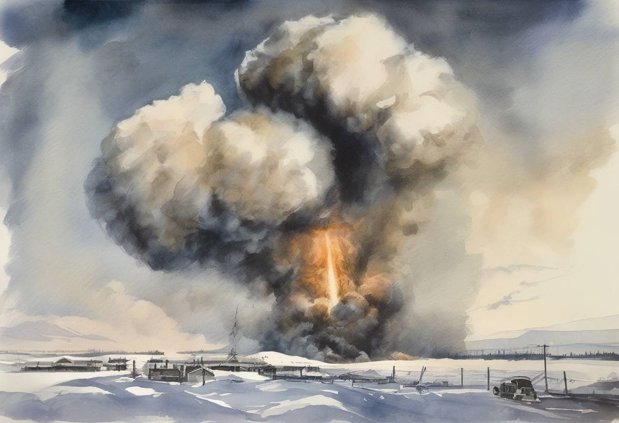 Watercolor painting based depiction of The Soviet Union detonated the Tsar Bomba, the most powerful nuclear weapon ever tested, over Novaya Zemlya. (1961)