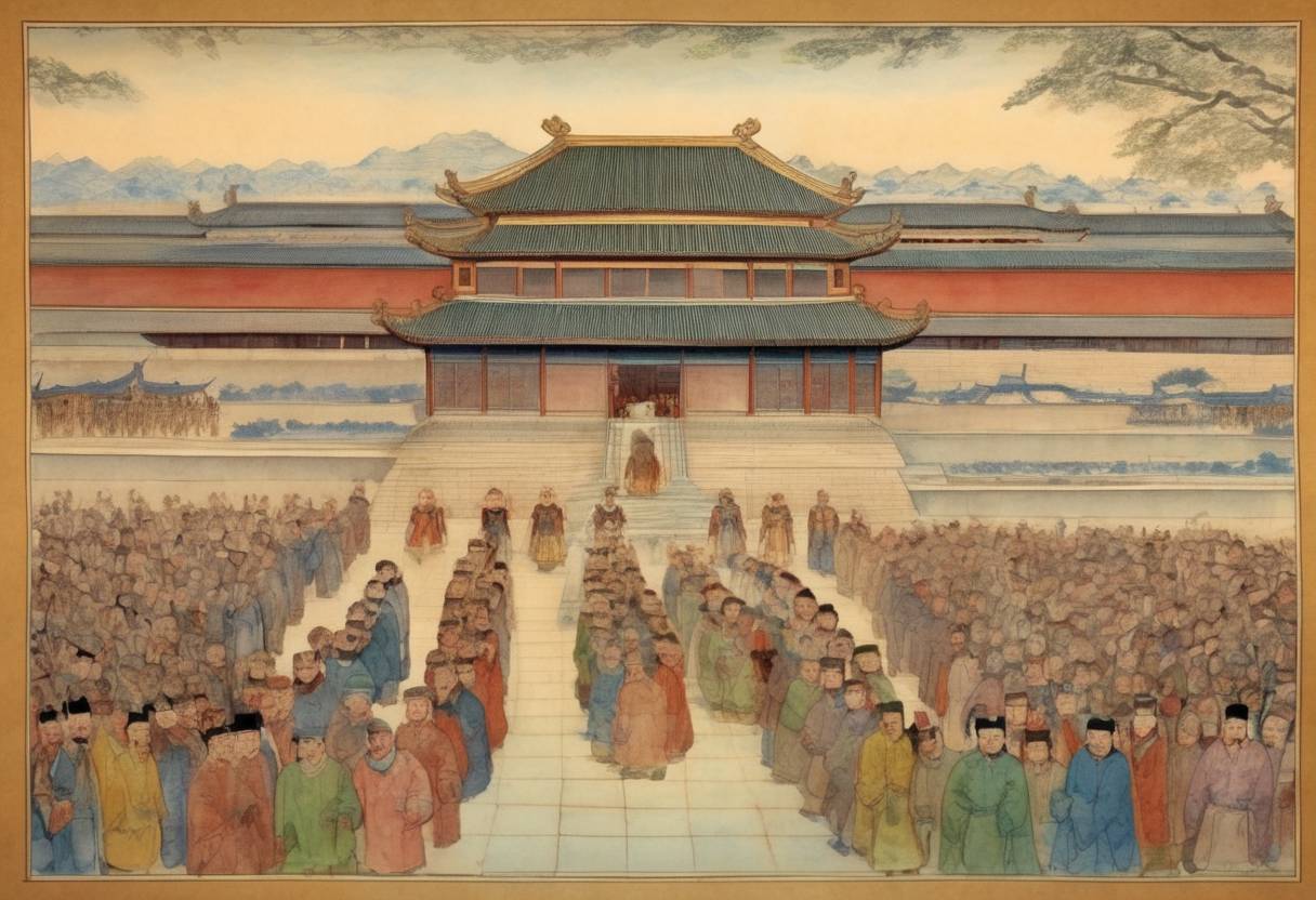 Watercolor painting based depiction of Kublai Khan renames his empire 'Yuan', marking the beginning of the Yuan Dynasty in China. (1271)