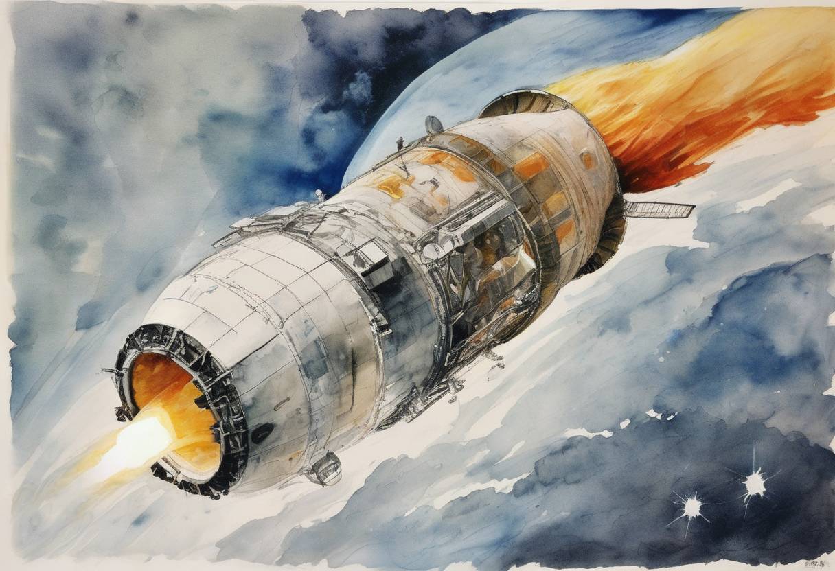 Watercolor painting based depiction of Apollo 8, the first manned mission to orbit the Moon, was launched from the Kennedy Space Center, marking a significant achievement in the space race. (1968)