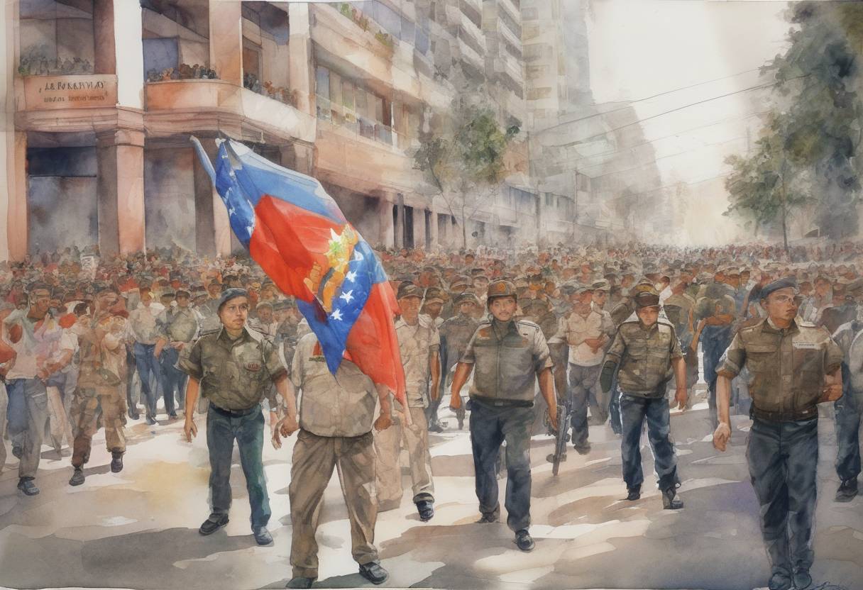 Watercolor painting based depiction of A coup attempt was launched in Venezuela by Hugo Chávez and his supporters, which ultimately failed but marked the beginning of his rise to power. (1992)