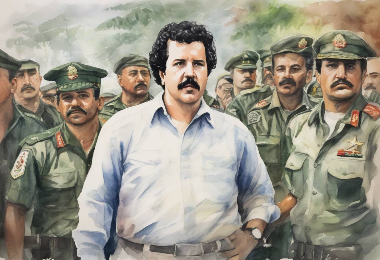 Watercolor painting based depiction of Colombian drug lord Pablo Escobar surrendered to authorities, marking a significant moment in Colombia's fight against drug cartels. (1991)